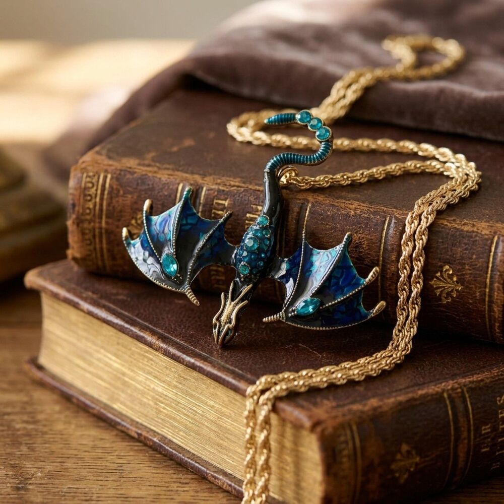 Vintage Blue Enamel Dragon Pendant Necklace Gold Tone Chain Gothic Jewelry